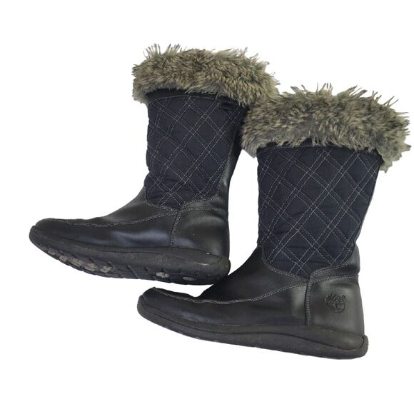 Timberland Faux Fur Top Black Leather Quilted Pull On Winter Boots Girls Sz 4.5 - Picture 1 of 11